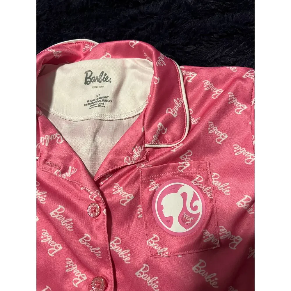 Barbie Girls Pajama Set Size 5T Pink Logo Button Up Sleepwear EUC